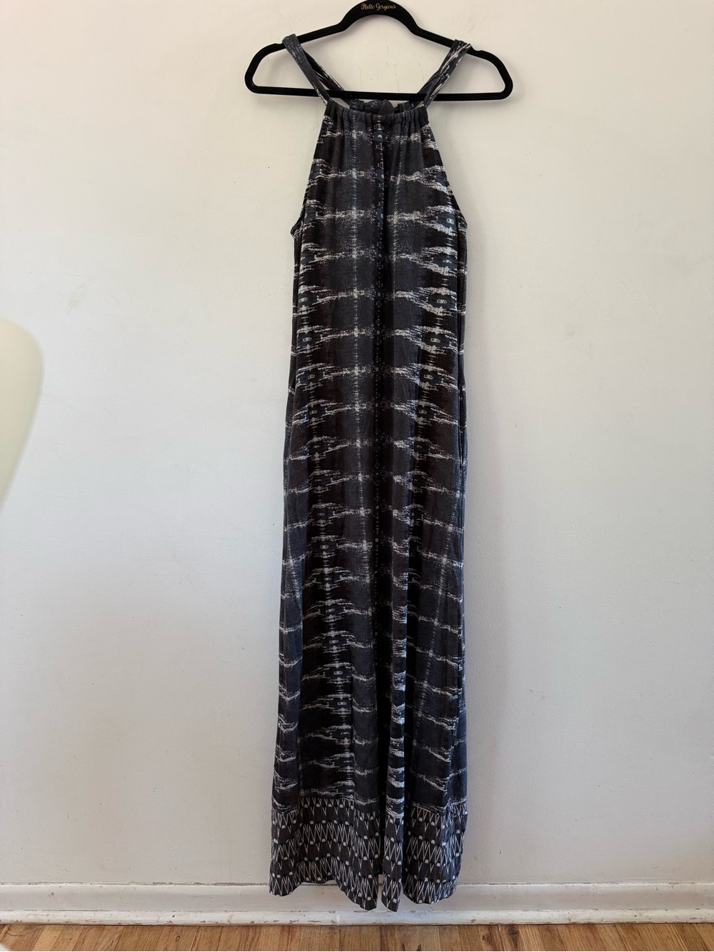 Athleta Santana Halter Dark Gray Hobo Geometric Print Cotton Blend Maxi Dress M